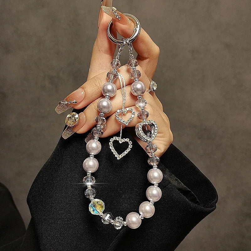 Fashionable Light Luxury Beaded Crystal Mobile Phone Chain Pendant Rhinestone Love Pendant Pearl Mobile Phone Lanyard Wrist Hand