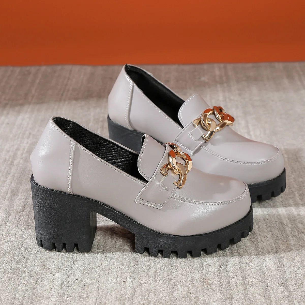 Women's Large Size Thick Heel Slip-On round Toe Leather Shoes Spring Autumn New Style Korean Style PU Leather Mid Heel