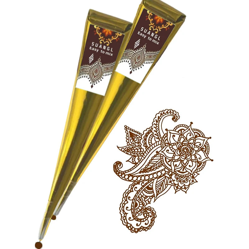 SUANGL Indian Henna Cones Brown Paste with Stencil Temporary Body Art Paint Kit for Hand Feet Drawing Red Black Henna Set