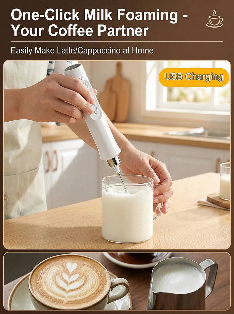 Handheld Wireless Rechargeable Electric Milk Frother 3 Speeds USB Rechargeable Foam Maker for Latte Cappuccino Hot Chocolate