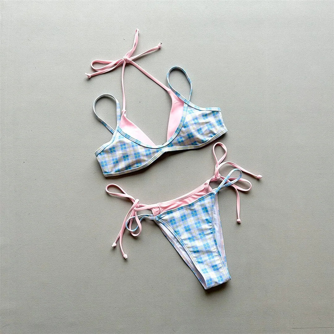 Sexy Polka Dot Plaid Halter Bikini Female Swimsuit Women Swimwear Two-Pieces Bikini Set Splicing Bather Bathing Suit Swim V8027