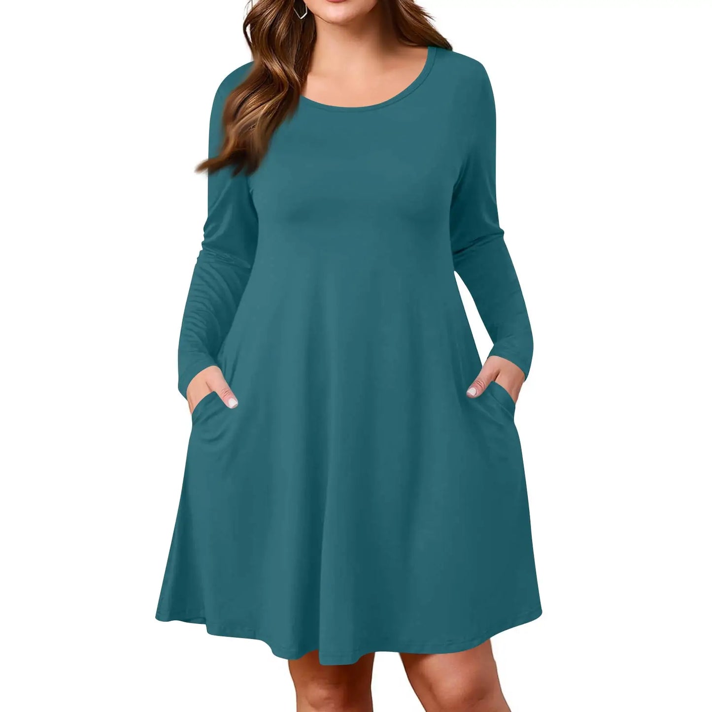 Plus Size Dress for Women Solid-Colour Casual Dress Spring/Autumn Pocket Round Neck Long-Sleeved Dresses vestidos femenino