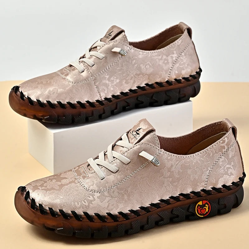 Print Fashion Sneakers Women Hand-stitching Leather Casual Shoes Design Platform Loafers Breathable Flats Shoe Driving Plus Size