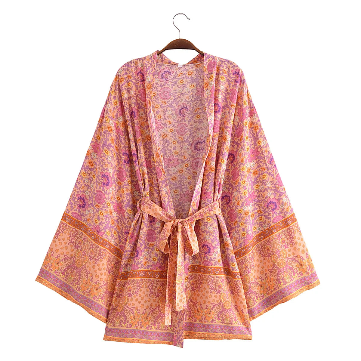 BOHO Women Blue With Pink Flower Print Kimono Shirt Holiday Tide Bow Sashes Mid Long Cardigan Summer Blouse Beach Cape