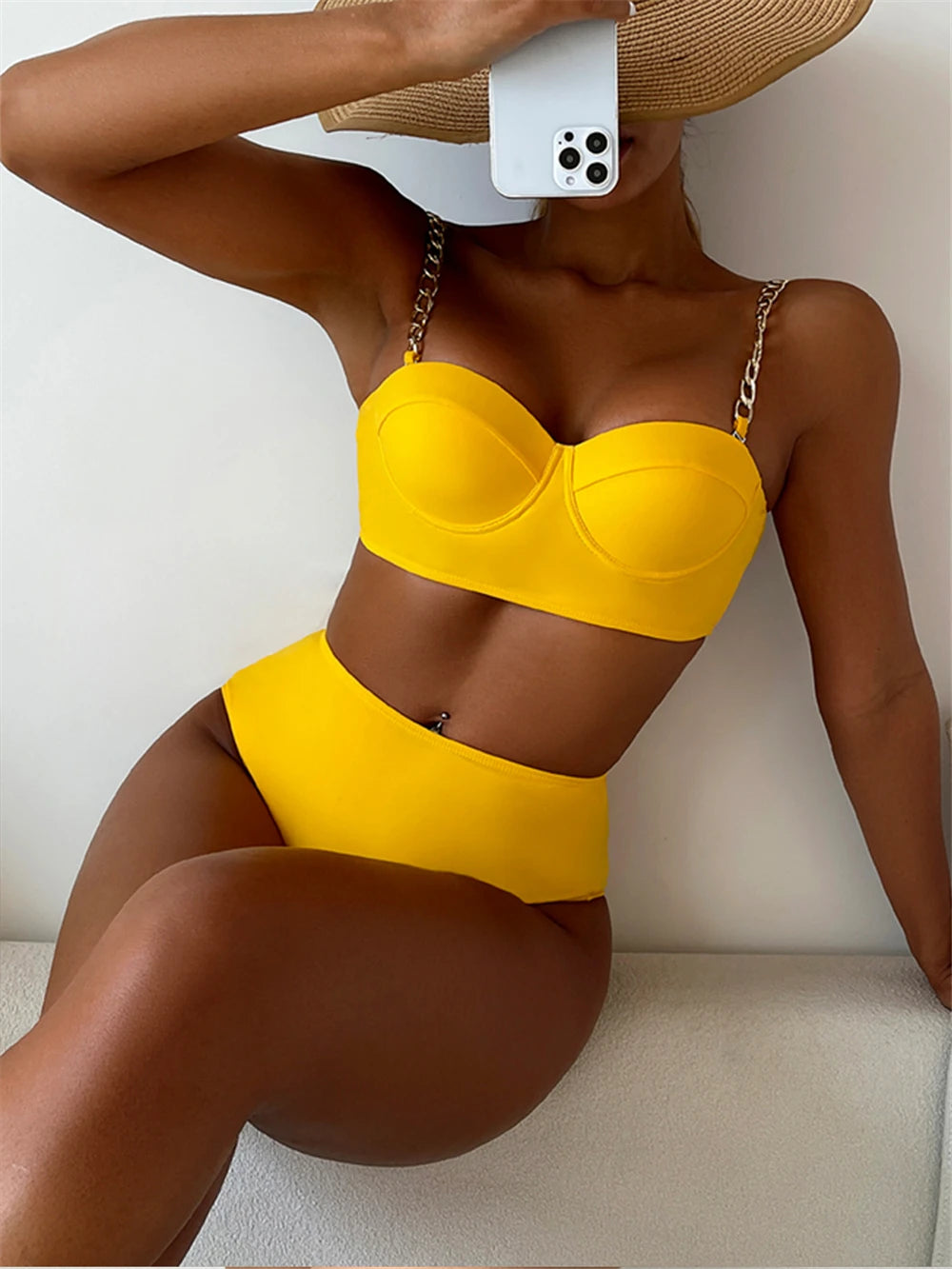 Chain Strap Bikinis 2026 Women Solid Push Up Swimsuit High Waist Swimwear Female Sexy Bathing Suit Swimming Summer Beachwear