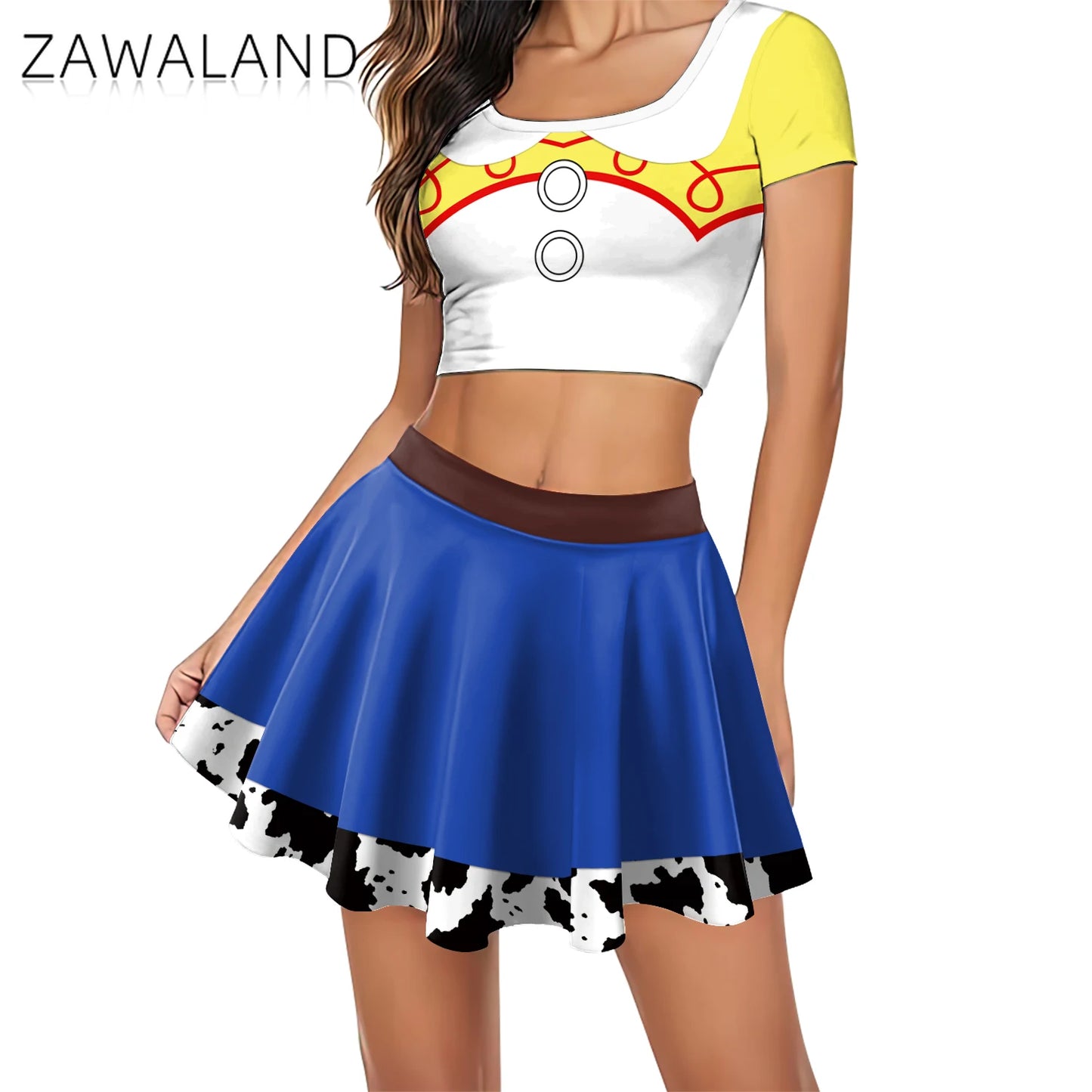 Halloween Woody Cosplay Costume For Women Movie Character Print Skirt Set Summer Short Sleeve Crop Top Party Performance Outfits