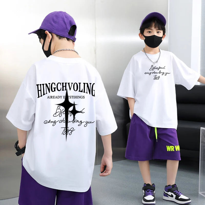 Summer 100% Cotton Boys Blue T-shirt Cool Graffiti Printed Girls Tees Short Sleeve Children Tops High Quality Kids Clothes 2024
