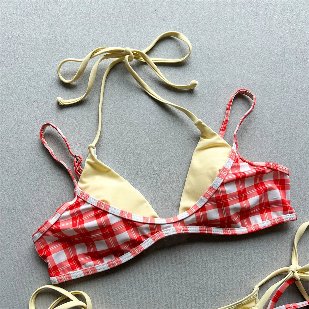 Sexy Polka Dot Plaid Halter Bikini Female Swimsuit Women Swimwear Two-Pieces Bikini Set Splicing Bather Bathing Suit Swim V8027