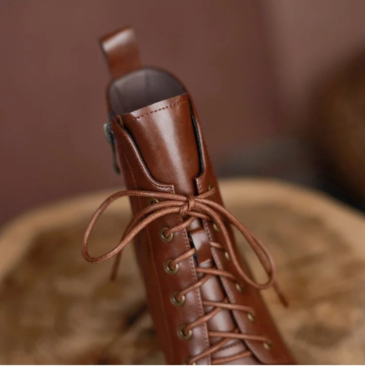 New Autumn/Winter Women Boots Cow Leather Fashion Women Shoes Square Toe High Heel Shoes for Women Lace Up Modern Short Boots