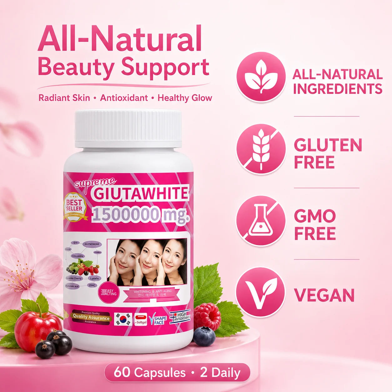 Glutathione Beauty Complex with Collagen, Vitamin C, CoQ10, Hyaluronic Acid & Biotin, Antioxidant Skin Support, 60 Capsules