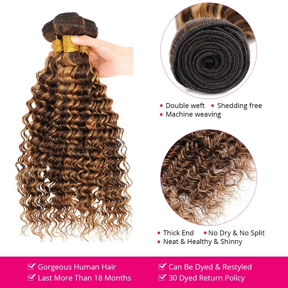 4/27 Deep Wave Highlight Burmese Curly Hair Bundles Honey Blonde Brown Curly Hair Weave 1/3/4 Bundles Deal Virgin Hair Extension
