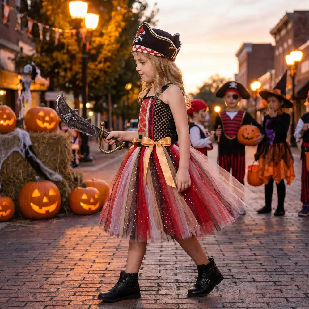 2-12Yrs Children Cosplay Villain Costume Tutu With Hat Girls Halloween Party Outfit Black Red Off Shoulder Princess Pirate Dress