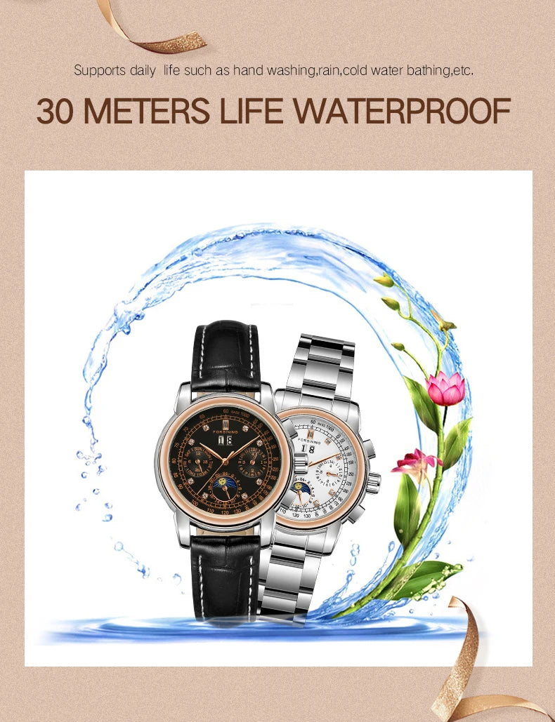 Forsining Fashion Ladies Stainless Steel Case Moon Phase Mechanical Watch Women's Multifunctional Diamond Dial Automatic Clock