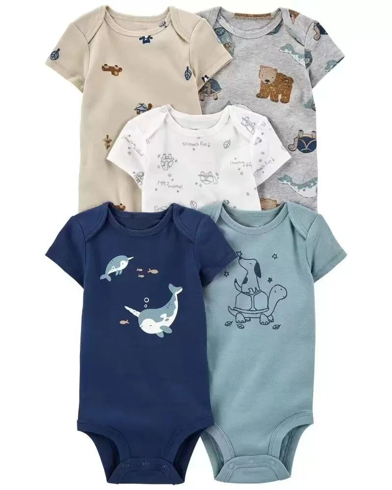 Summer Baby Romper 5pcs Set, Newborn Short Sleeve Onesies, Unisex Infant Bodysuit,  Cotton Sling, 0-1Y