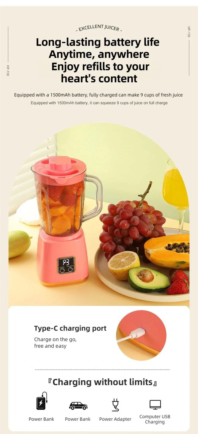 TINSOL Electric Juicer Portable Blender 10 Blades Multifunctional Juice Blender Fresh Juice Smoothie Blender Food Processor