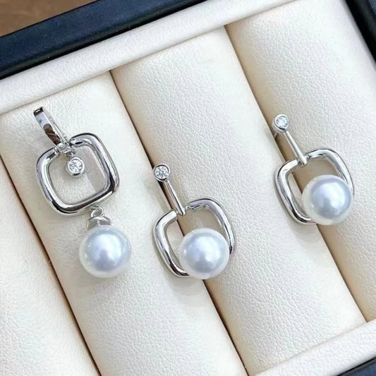 MeiBaPJ 8-9mm Natural Round Pearls Fashion Jewelry Set DIY 925 Silver Pendant Earrings Ring Fine Wedding Jewelry for Women