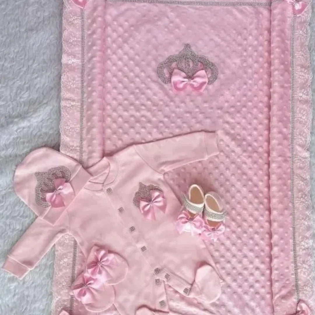 5pcs Newborn Baby Embroidery Lace Romper Outfit Clothing Cotton Infant Wrapped Baby Products Pants Mittens Receiving Blanket