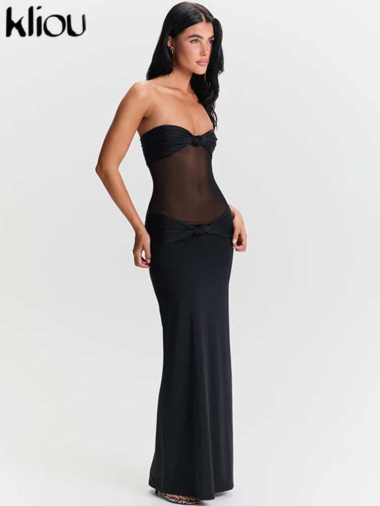 kliou Mesh Suspendency Women Maxi Dress Sexy See Through Tied Patchwork Low Neck Backless Bodycon Female Fashion Party Vestidos