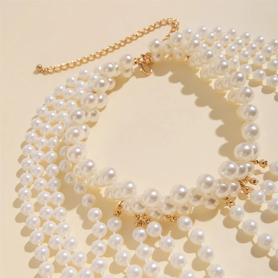 Bridal Tassel Imitation Pearl Shoulder Chain Necklace for Women Elegant Shawl Wedding Jewelry Accessories Gift