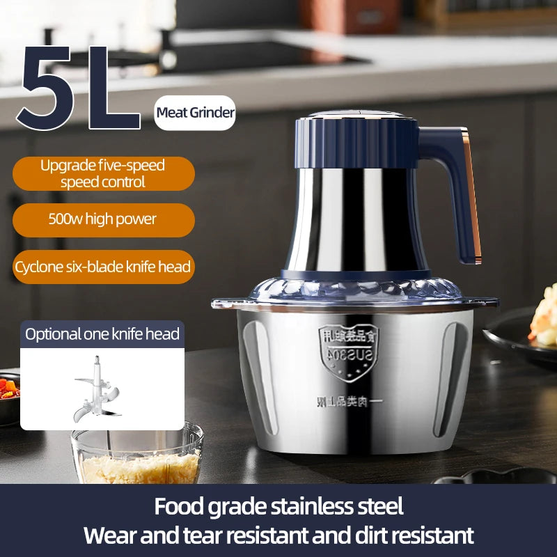 5L Home Electric Stainless Steel Meat Grinder 500W Powerful Vegetable Fruit Food Processor Chopper Slicer Food Grinder