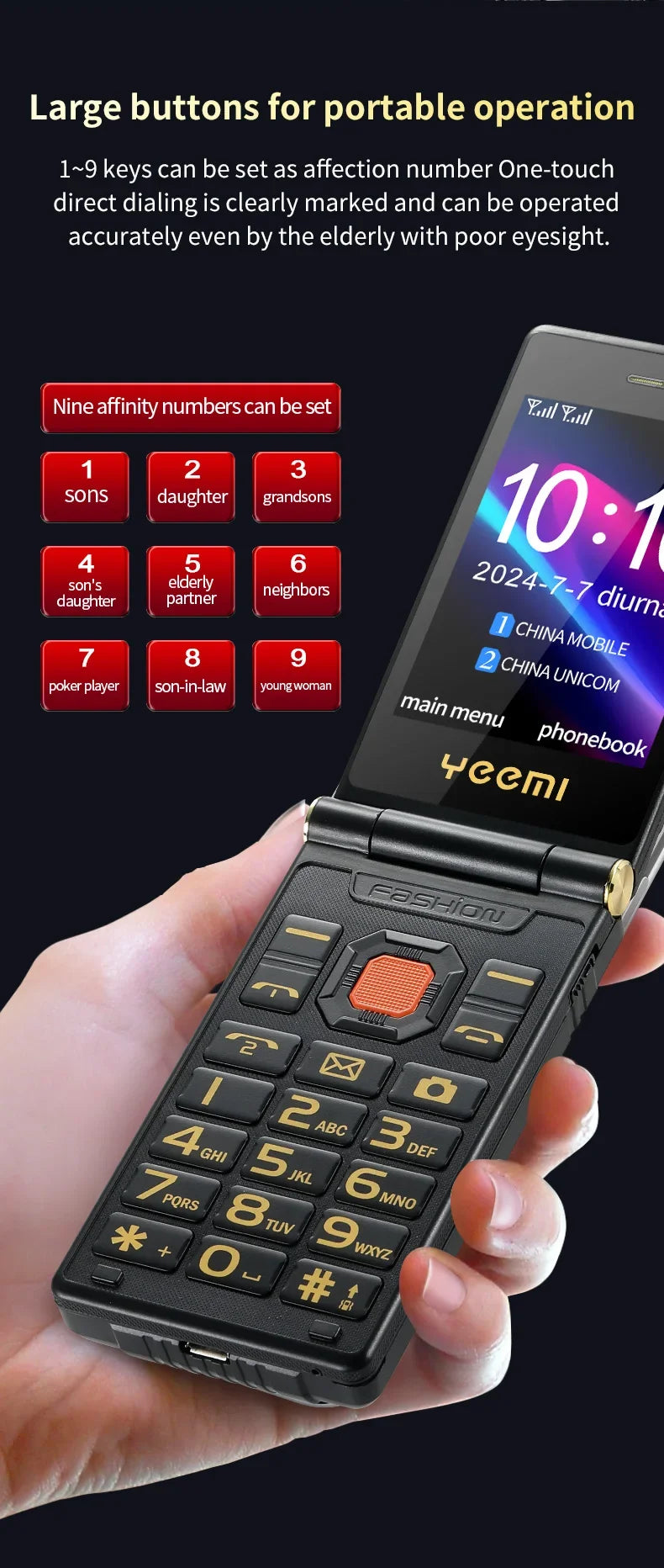 YeeMI M7 2G Rugged Feature Phone Dual SIM Dual Screen Large Fonts For Old Man 6800mAh Cellphone FM Radio SOS Russian Version