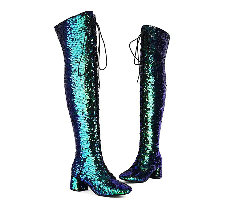 Glitter Bling Boots Women Over the knee Chunk High Heels Zipper Lace-Up Runway Lady Shoes Large Size Thigh High Boots Size 46