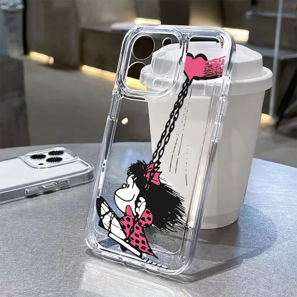Cartoon Bow Mafaldas Phone Case For iPhone 17 16 16e 15 14 13 12 11 Mini Pro Max X XR XSMax 7 8 Air Plus Transparent Back Cover