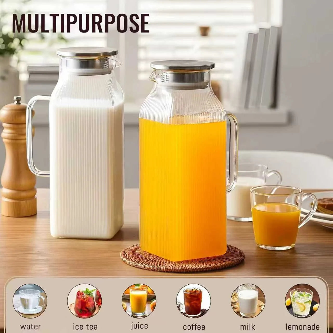 JUSTINLAU 1.2/2L Cold Water Jug High Borosilicate Glass Water Pitcher for Steamed Juice Fruit& Iced Tea Home Kitchen Accessories