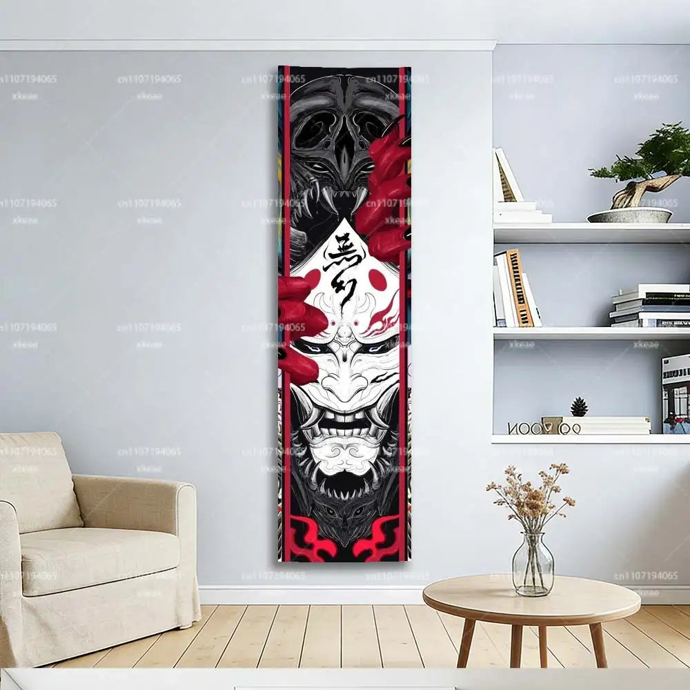 Japanese Oni Hannya Mask Tapestry, Samurai Demon Vertical Wall Hanging, Anime Aesthetic Room Decor