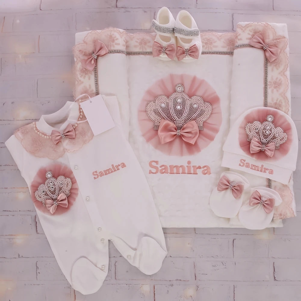 5pcs Newborn Baby Embroidery Lace Romper Outfit Clothing Cotton Infant Wrapped Baby Products Pants Mittens Receiving Blanket