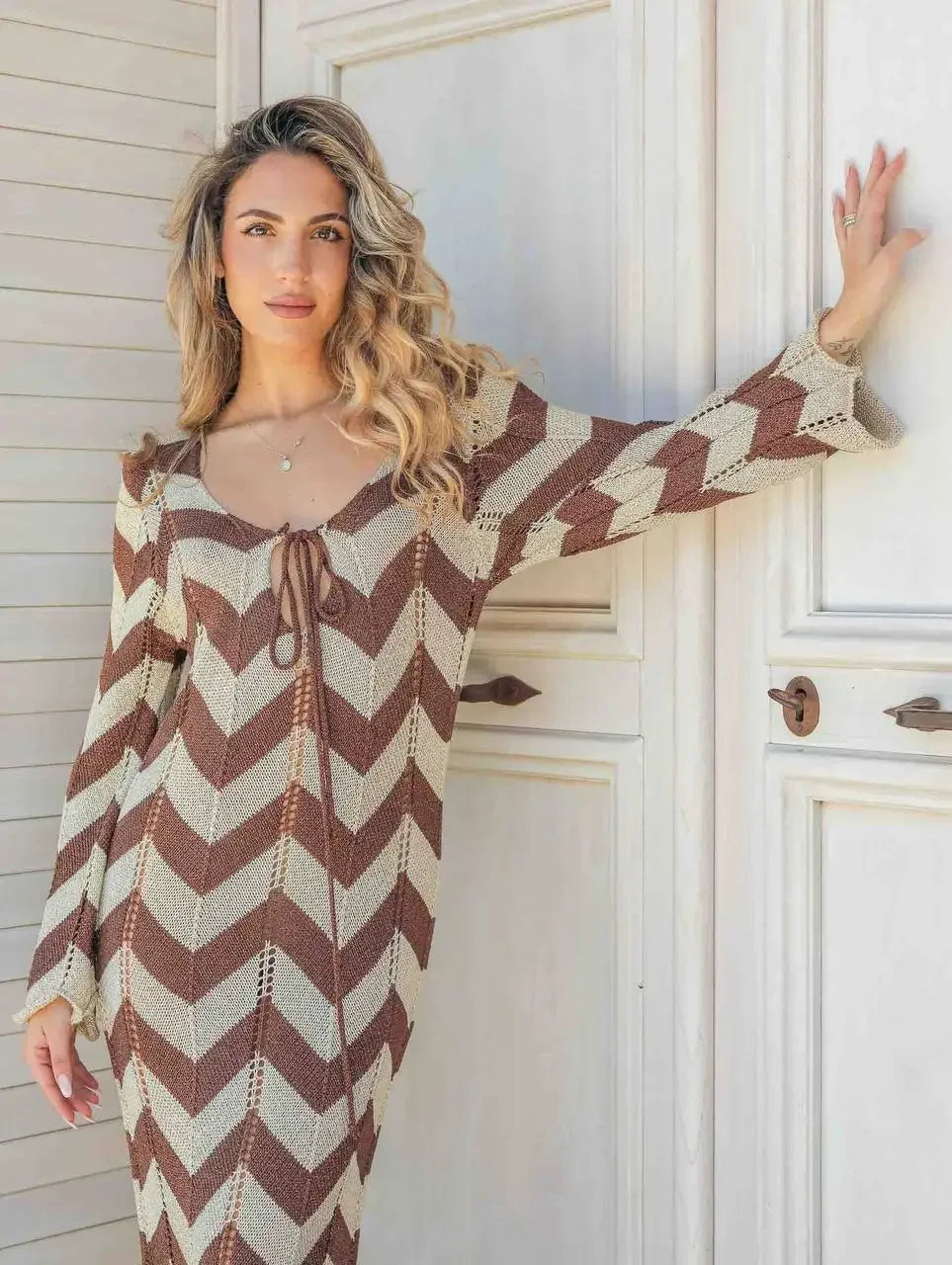 2025 Women's  Stripled Long Sleeve Slim Elegant Knitted Maxi Dress V Neck Autumn New Lace Up Hollow Sexy Beach Cover Up Dress