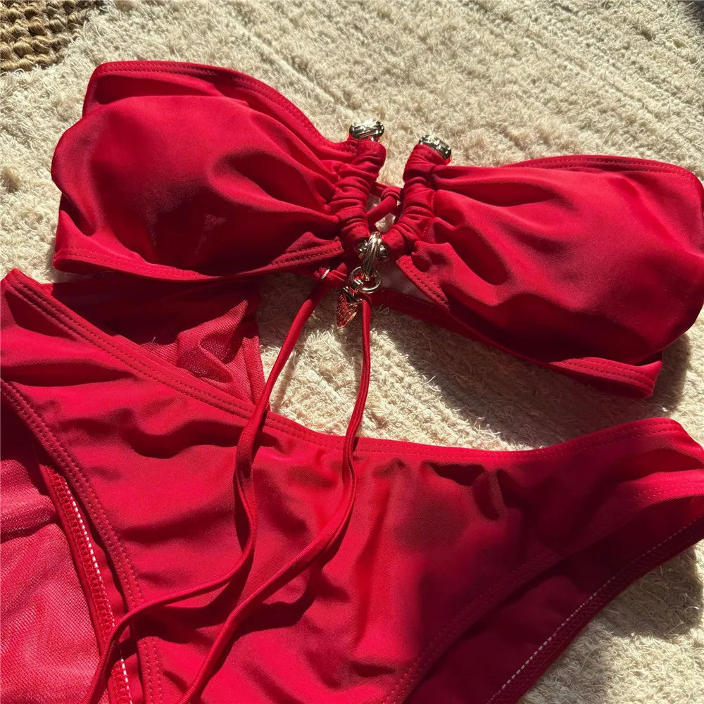 Metal Buckled Bandeau Black Bikinis Sets 3 Pieces Skirts Cover Ups Sexy Swimsuit Women 2026 Holiday Solid Swimwears Bikini Dames