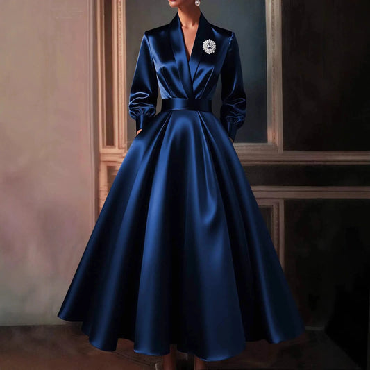 Elegant Women's Dress Sexy V Neck Long Sleeve Pleated Midi Dress Waisted Evening Party Dress Women's Long Dress Vestidos Robe