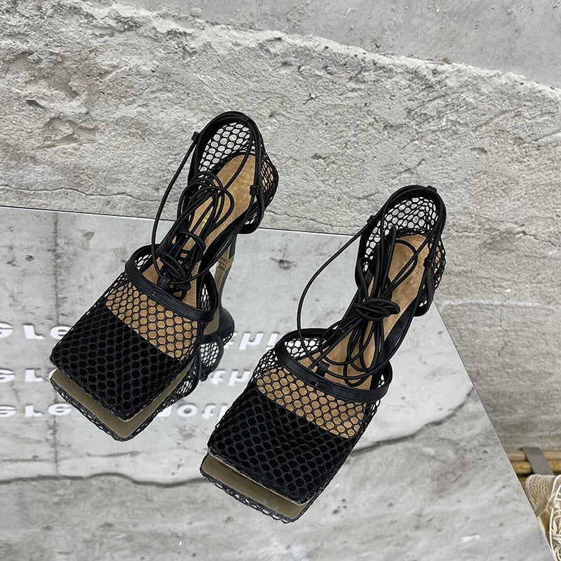 New Women's Shoes Fashion Air Mesh High Heeled Sandals for Woman Exquisite Square Head Casual Shoes Designer Shoes Zapatos Mujer