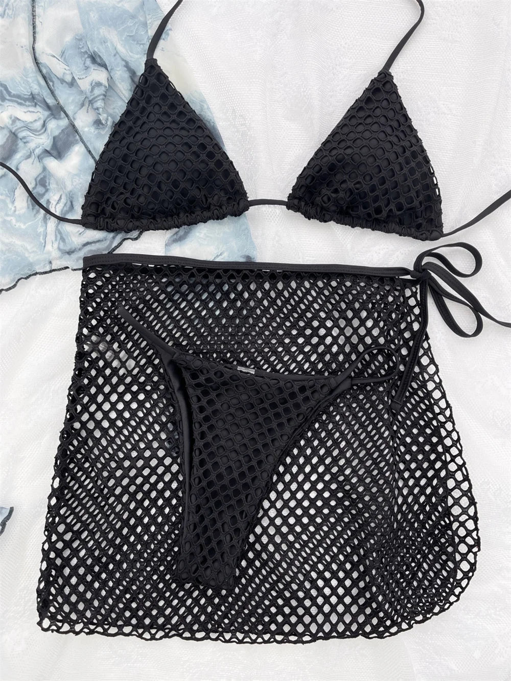 Sexy Mesh Bikini Thong Hollow Out Y2K Swimsuit Women Backless Cover Up Halter Swimwear 3 Piece Beach Outfit Bikinis Bathing Suit