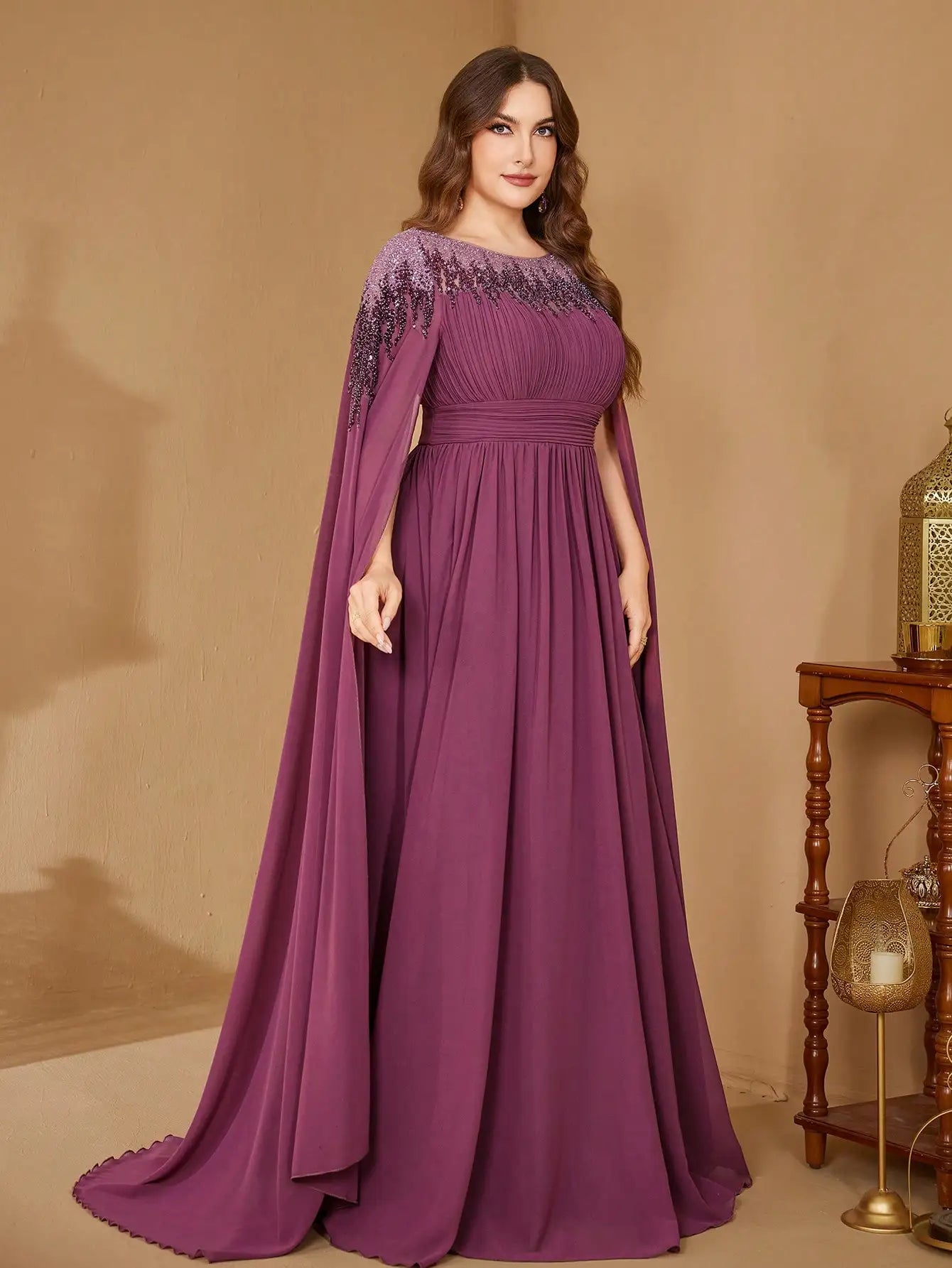 UNITHORSE Plus Women's Stand Collar Cape Sleeve Sequin Patchwork Slim-Fitting Chiffon Temperament Evening Dress