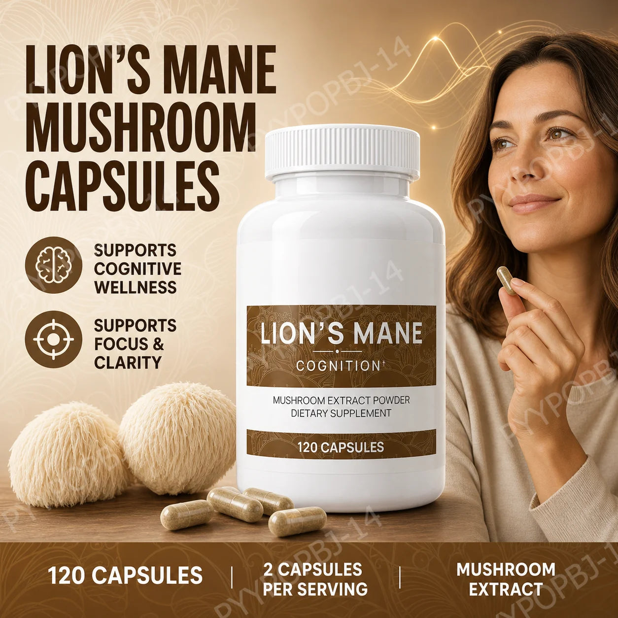 Lion’s Mane Mushroom Extract Capsules 1000mg, 300mg Beta Glucans, 120 Count, Vegan Non-GMO Gluten Free Daily Blend