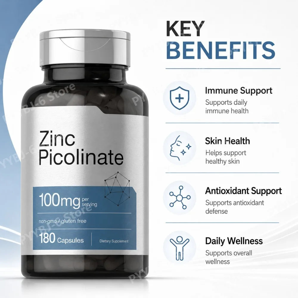 Zinc Picolinate 100mg 180 Capsules Mineral Supplement for Immune Support Skin Hair Nail Wellness Non-GMO Gluten Free for adults