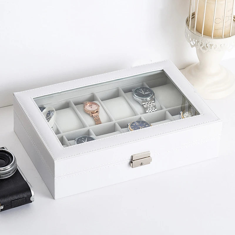 Wood Professional Watch Box Holder Storage Case Organizer White Simple PU Leather Watch Display Box Jewelry Packaging & Display