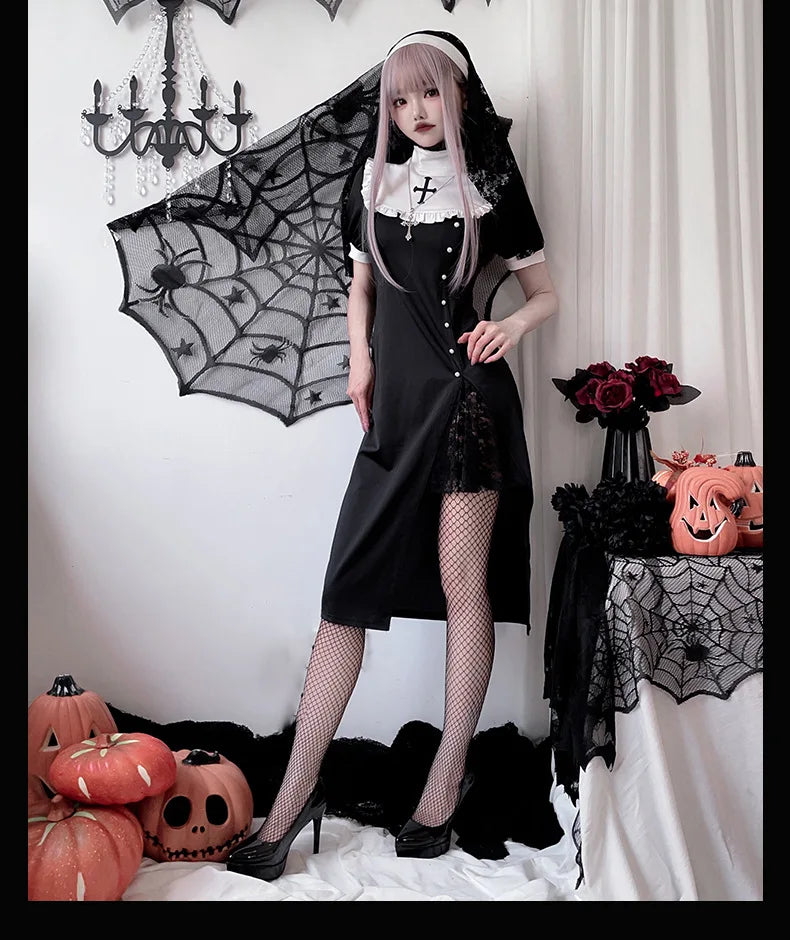 [You're My Secret] 2026 Halloween Cosplay Costumes Women's Vampire Costume Gothic Nun's Clothing Sexy Lace Slim Fit Black Dress