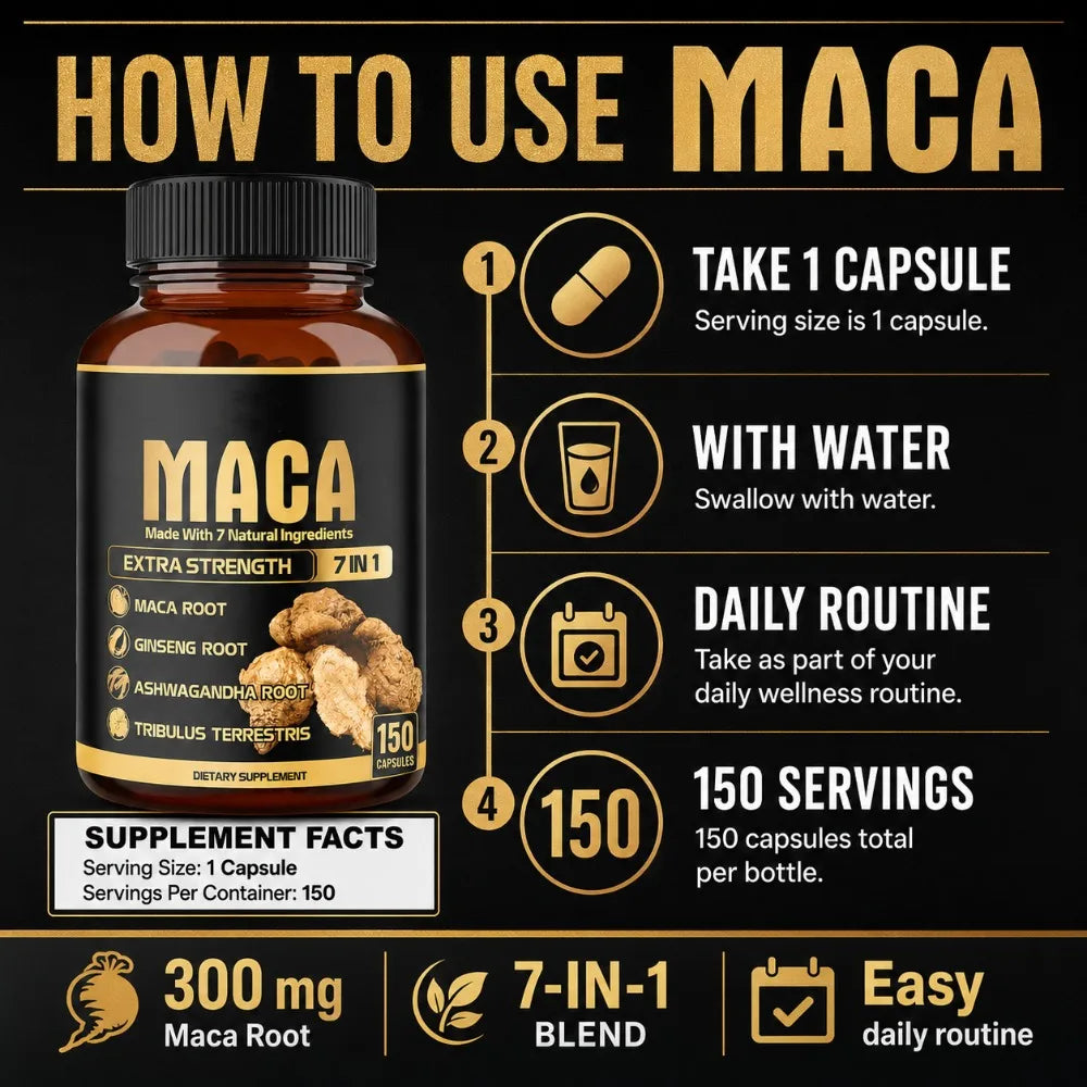 Maca Root Capsules 7-in-1 with Ashwagandha, Ginseng, Tribulus, Shilajit, Shatavari & Black Pepper, Extra Strength, 150 Count