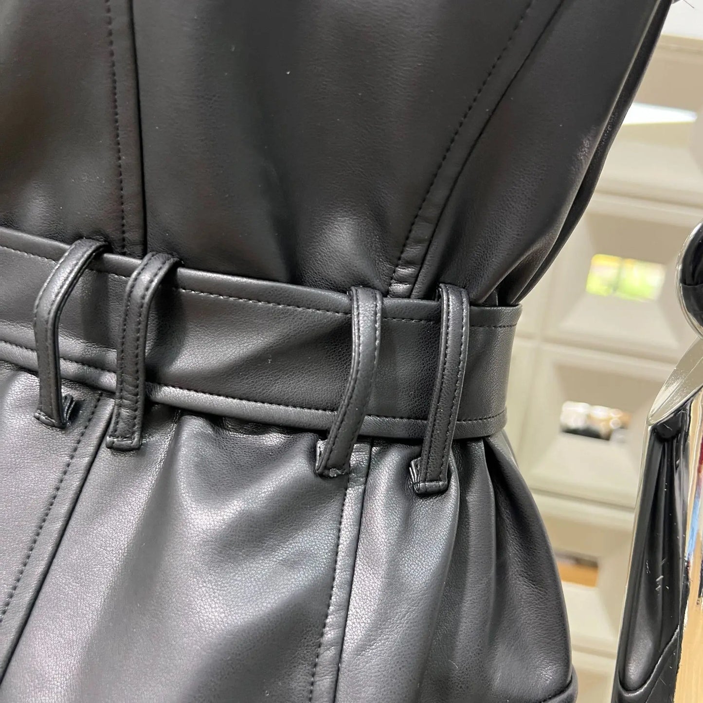 DFDG 2025 Women’s V-Neck Wide Shoulder Overlap Placket Double Breasted PU Leather Bodycon Dress Unique Design Cocktail Dress