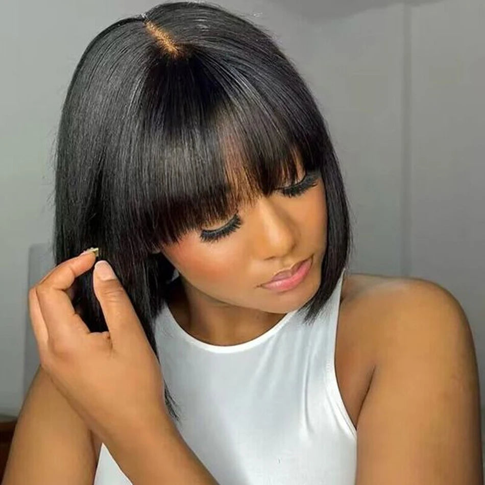 Straight Human Hair Wigs With Bangs Fringe 3X1 Part Lace Bob Wigs Realistic Scalp Brazilian Straight Virgin Bob Wigs With Bangs