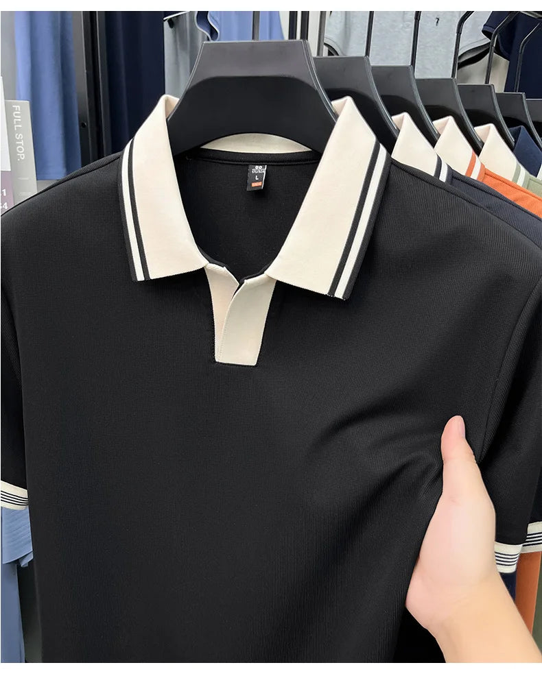 Light luxury summer new short sleeve polo shirt silky breathable high-end men's fashion personalized color blocked lapel T-shirt