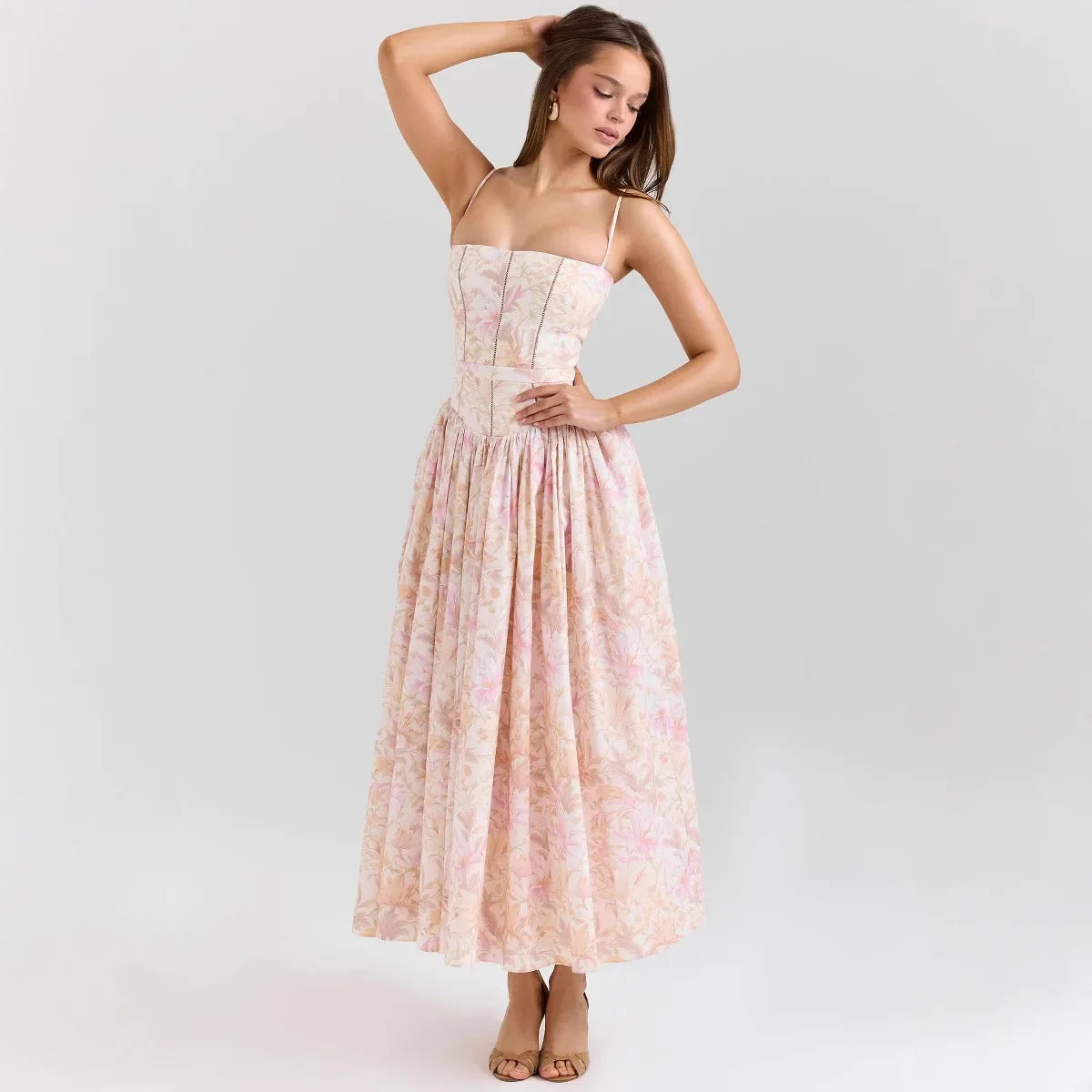 Elegant Fairylike French Style Gentle Floral Print Strapless Midi Dress Slimming Women's Fashion High End Feeling Dress