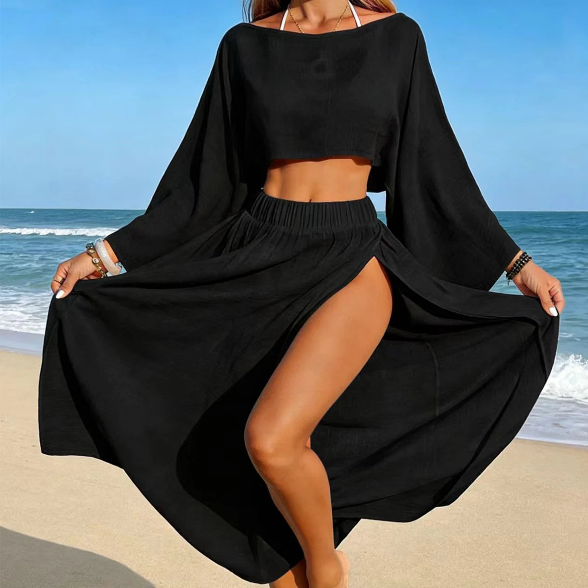 Fashion Casual Short Top and Split Skirt Set, Summer Vacation Lightweight Sheer Beach Cover-Up, Two-Piece Swimsuit for Women