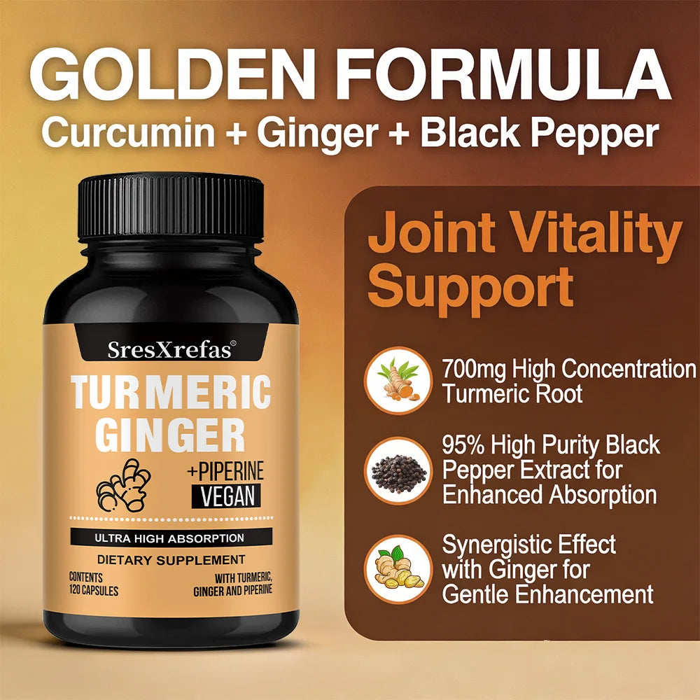Turmeric Ginger Piperine Capsules – Curcumin 95% with Black Pepper, Gut, Joint & Immune Support, Vegan Supplement, 120 Capsules