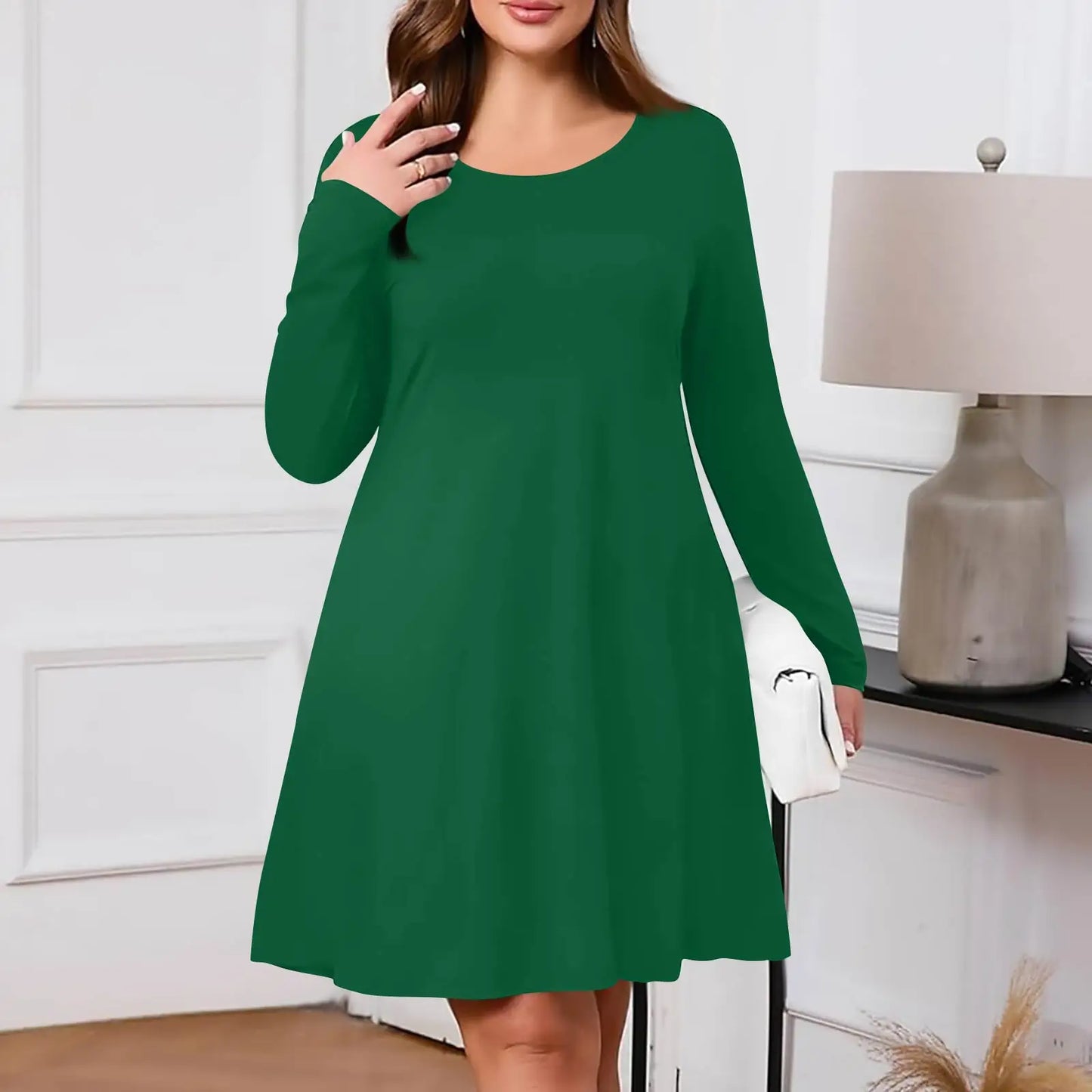 Plus Size Dress for Women Solid-Colour Casual Dress Spring/Autumn Pocket Round Neck Long-Sleeved Dresses vestidos femenino