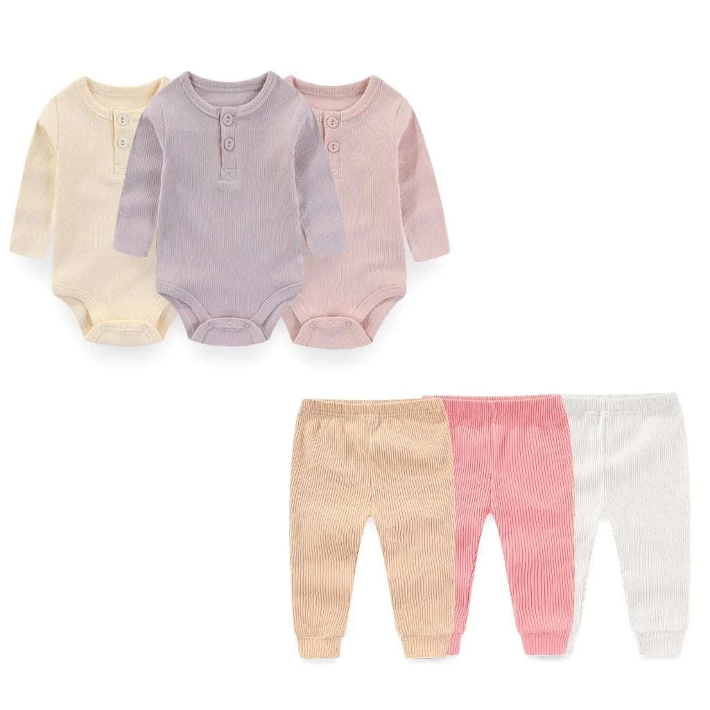 6 Pcs Cotton Bodysuits+Pants Long Sleeve Newborn Baby Girl Clothes Sets Spring Print Baby Boy Clothes Solid Color 0-12M Autumn