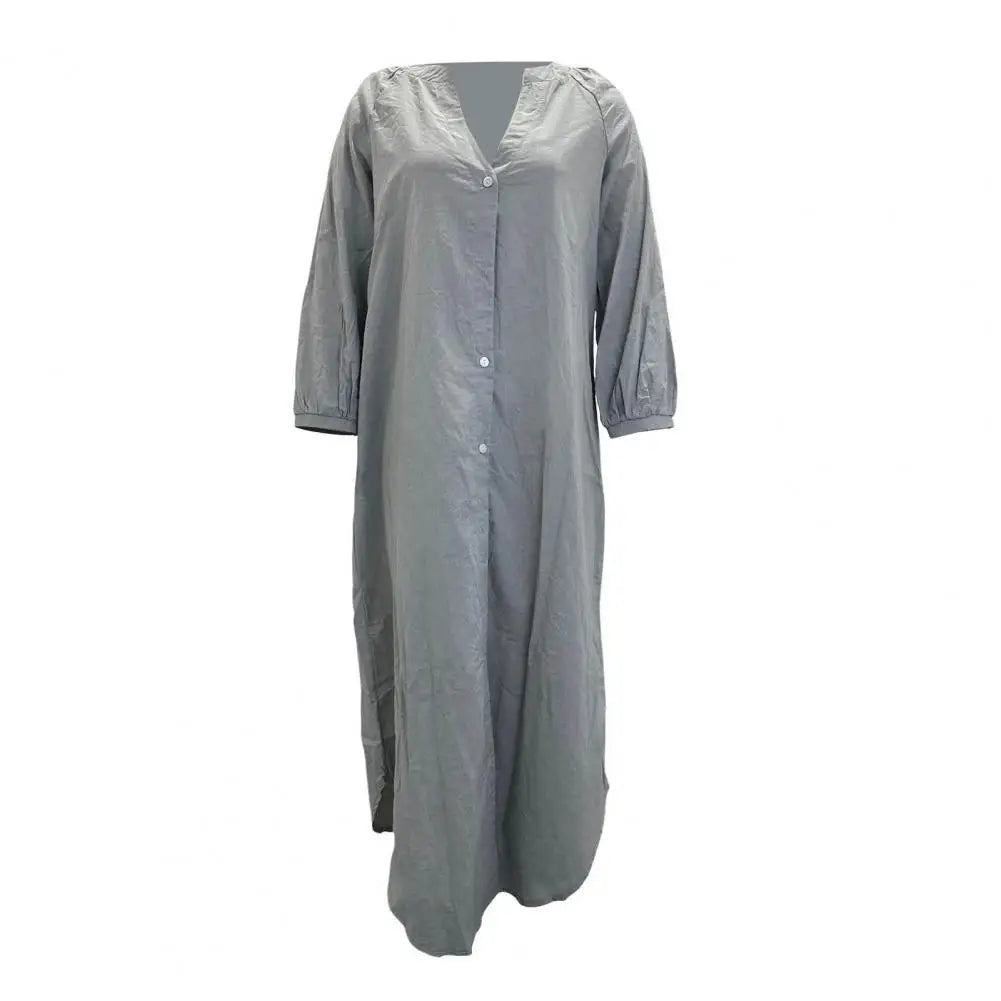 Spring Autumn Women Long Dress Loose Button-down 3/4 Sleeves Maxi Dress Pure Color V Neck Cardigan Casual Dress For Daily Wear
